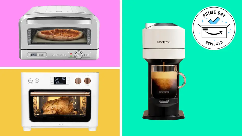Cuisinart pizza oven, Café Couture countertop oven, and Nespresso machine on colorful background