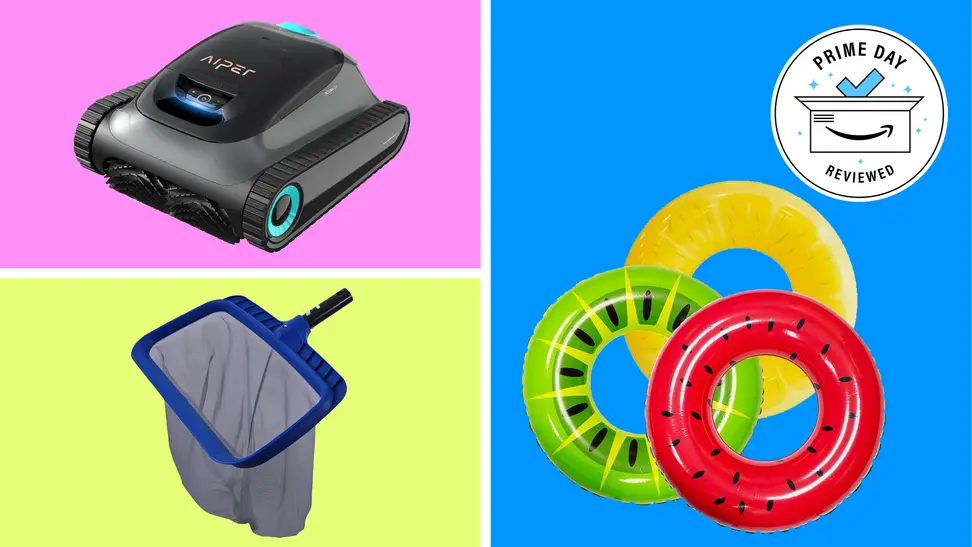 A colorful collage with floaties, a pool cleaner, and more next to a Prime Day badge.
