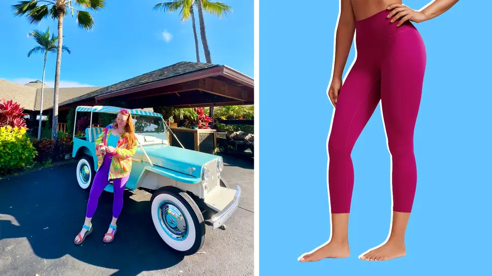 The author wearing purple leggings with a colorful jacket, and a product shot of the same leggings.