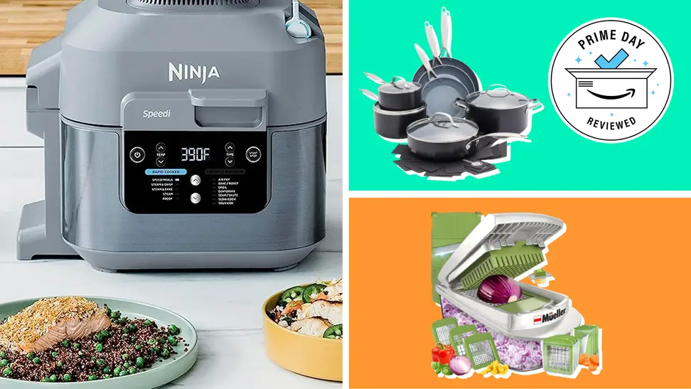 Various kitchen tools with the Prime Day Reviewed badge in front of colored backgrounds.