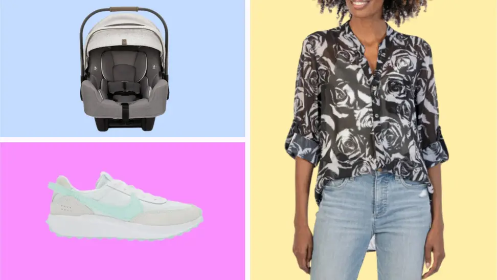Various items on sale at Nordstrom in front of colored backgrounds.
