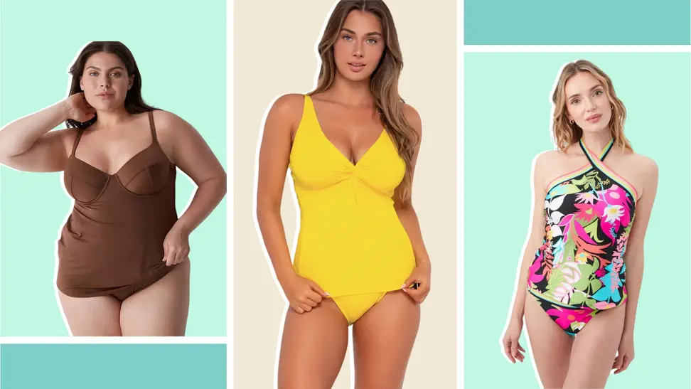 Three women wearing a brown, yellow, and pink and black pattern tankini.