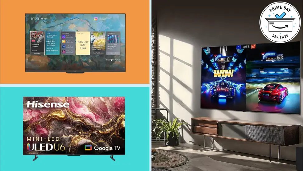 A collage of TVs with the Prime Day Reviewed badge in front of different backgrounds.