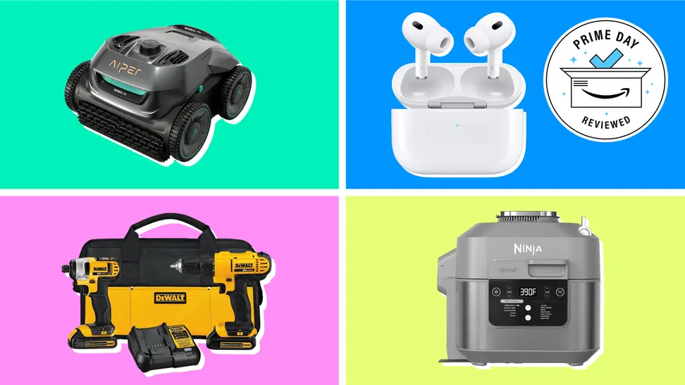 Images of an Aiper pool vacuum, a set of DeWalt power tools, a pair of Apple AirPods Pro, and a Ninja air fryer on a colorful background.
