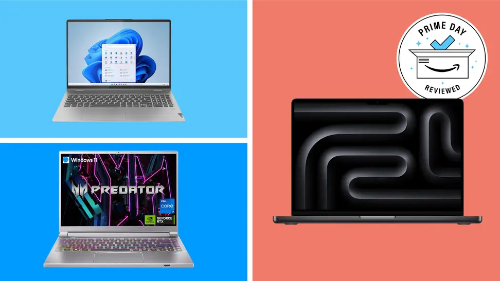 Three laptops on a color block background, from Apple, Acer and Lenovo