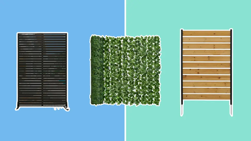 Three different privacy fences on a blue and green background.