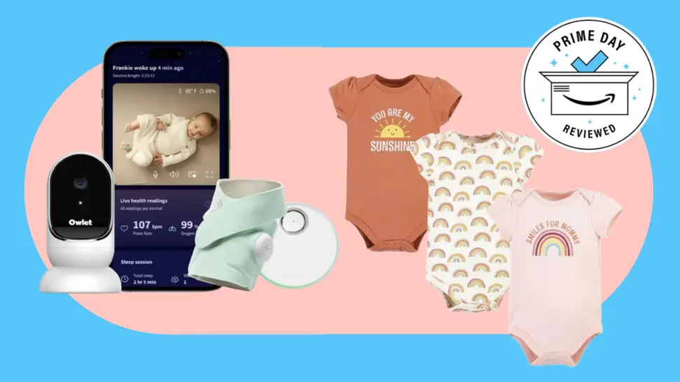 Photo collage featuring an Owlet baby monitor and a set of three Hudson Baby bodysuits.
