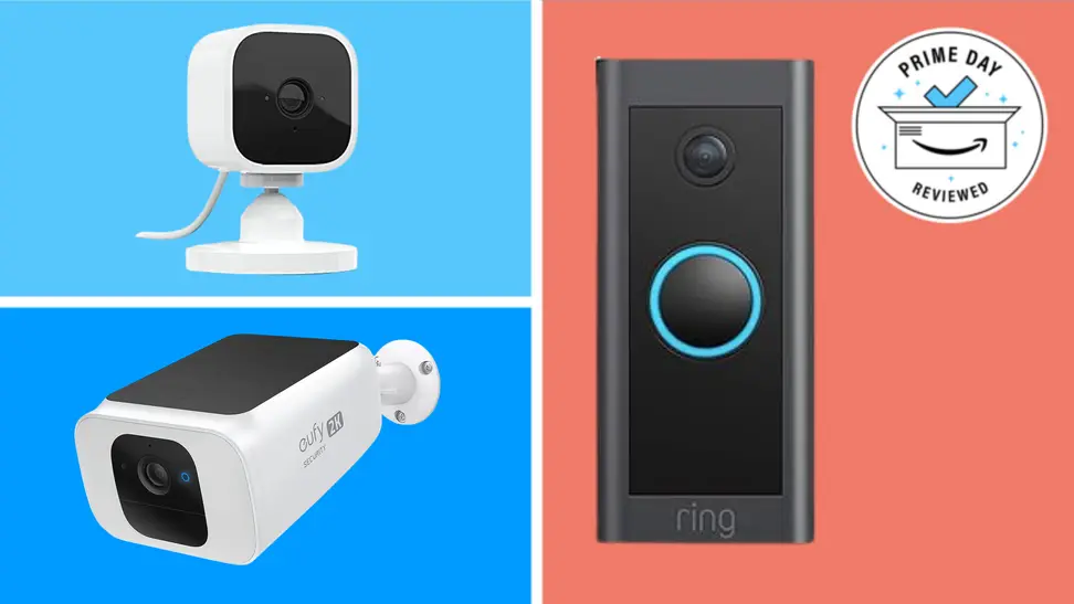 Security cameras from Eufy, Ring, and Blink appear on a colorful background with a Reviewed Prime Day badge.