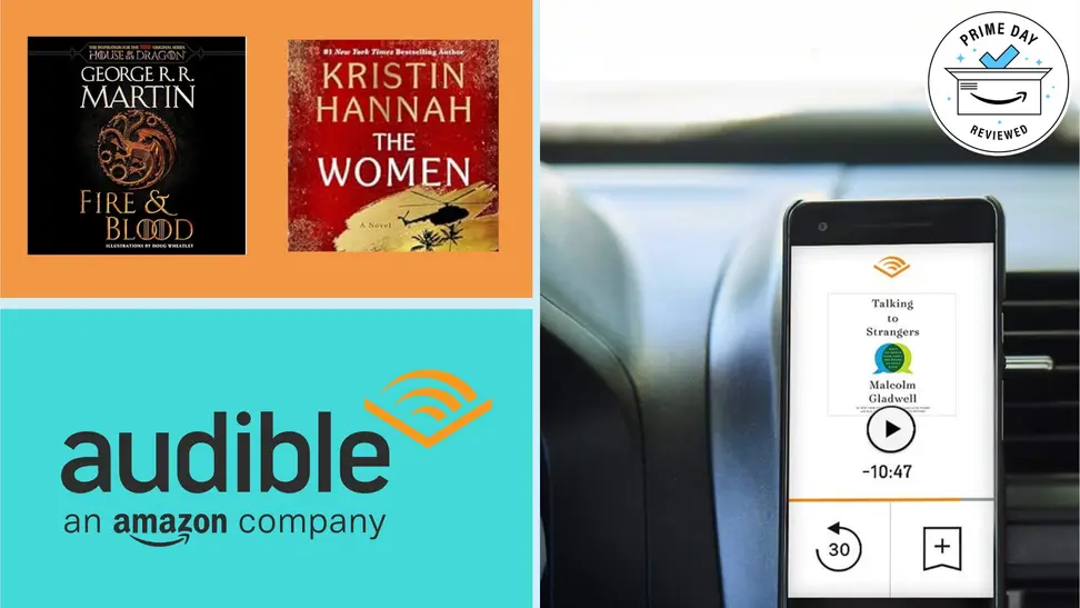 A pair of Audible audiobook titles above the Audible logo next to a smartphone with an Audible menu with the Prime Day Reviewed badge.