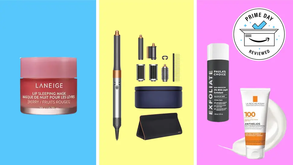 lip balm, hair styler, exfoliant, and sunscreen on blue, yellow and pink background