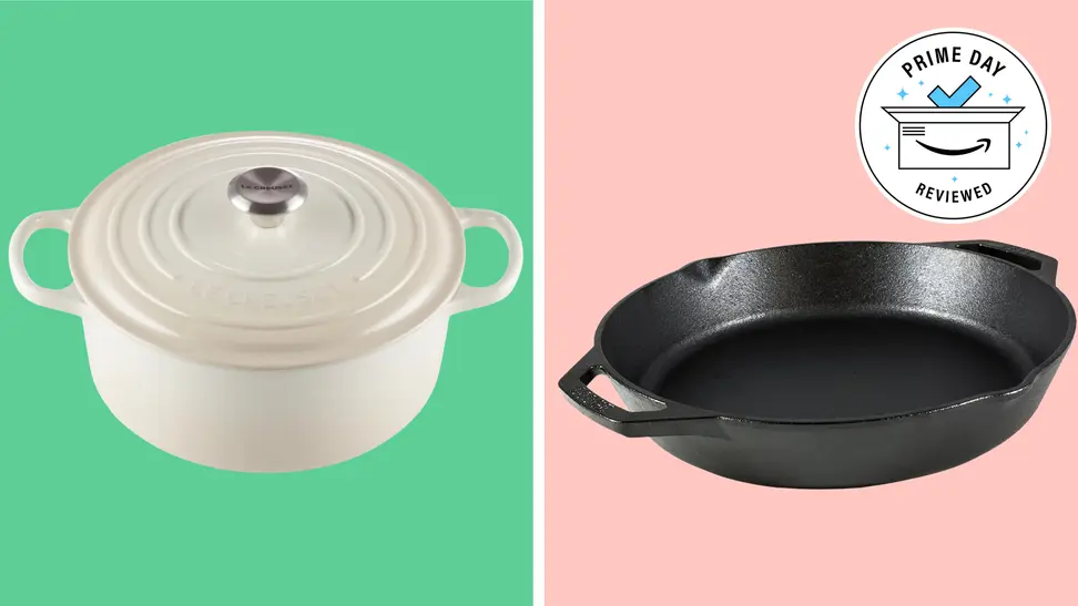 A Dutch oven from Le Creuset and a cast iron skillet from Lodge.