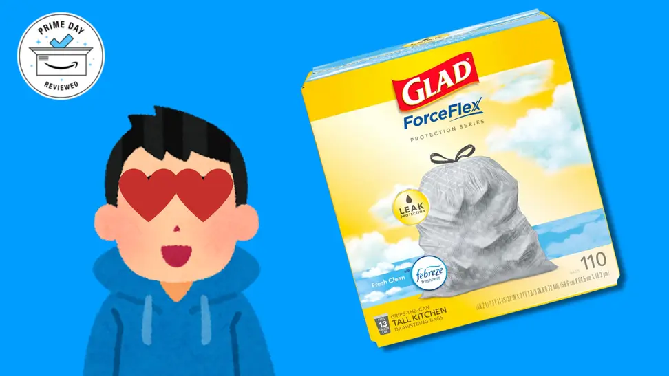 Cartoon man very happy about garbage bags