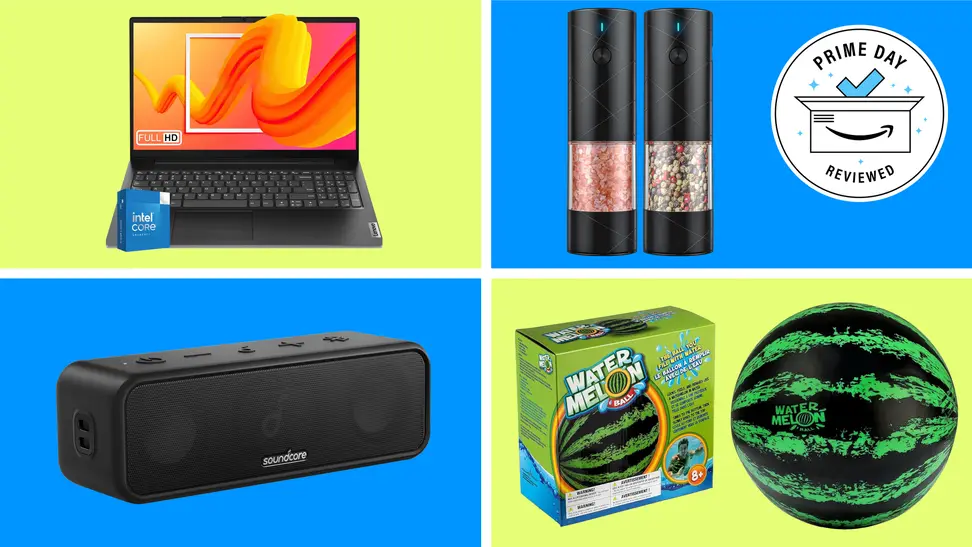 A colorful collage with a inflatable pool toy, a Lenovo laptop, and more.