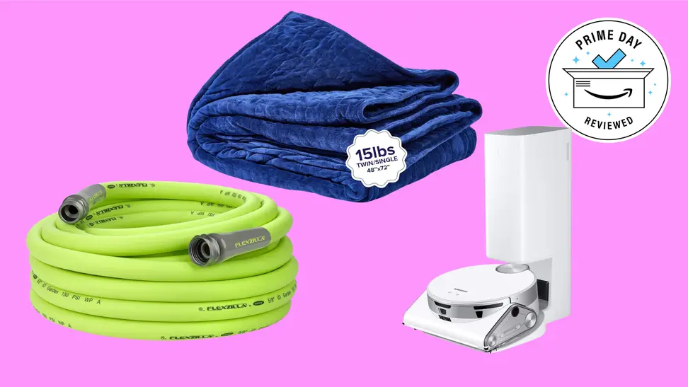 Green Flexilla hose, blue Gravity blanket, and white Samsung robot vacuum on a pink background