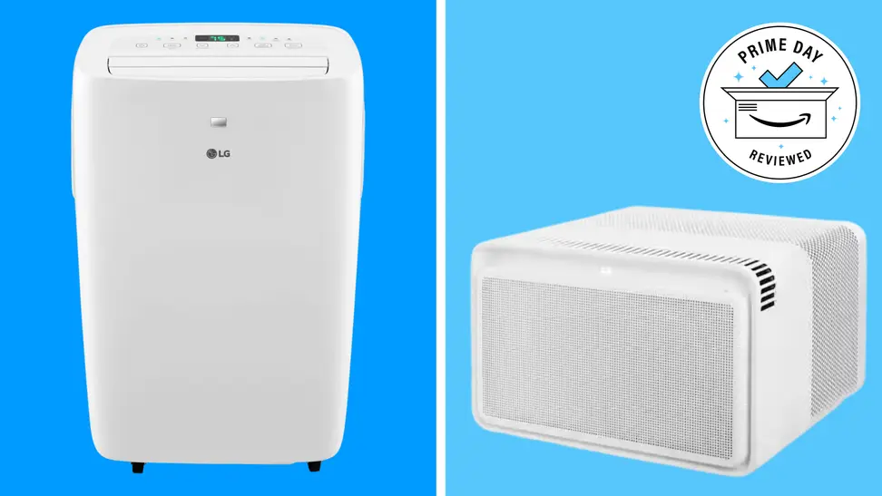 LG LP0621WSR Portable Air Conditioner and Windmill 8000 BTU Smart Window Air Conditioneron blue panel background