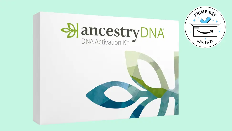 A DNA testing kit on a green background.