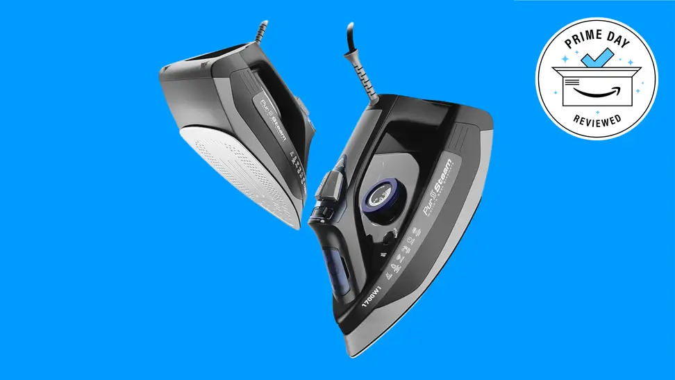 Pursteam steam iron on a blue background with a prime day deals badge in the corner