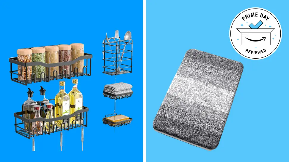 Bathroom essentials on a blue background.