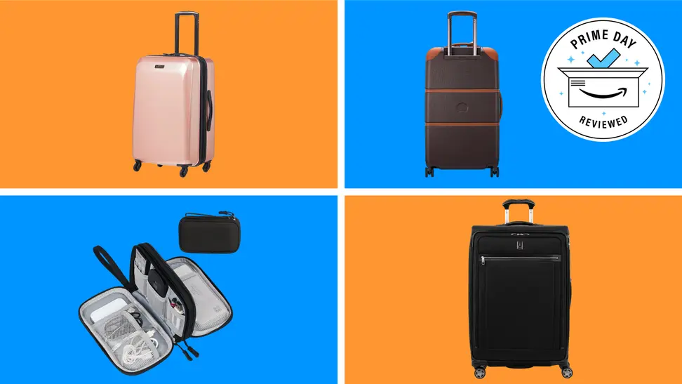 A colorful collage with luggage and suitcases next to a Prime Day badge.