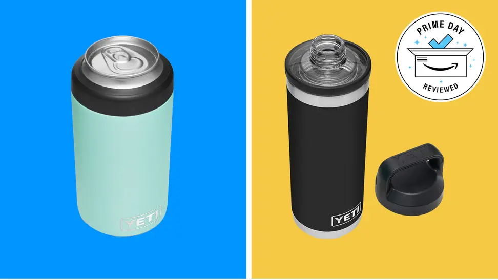 A Yeti stainless steel bottle and canister on a colorful background.