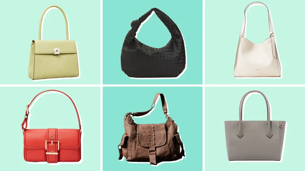 Collage of six purses from Tory Burch, Urban Expressions, Kate Spade, Michael Kors, Free People, and Dagne Dover in different colors