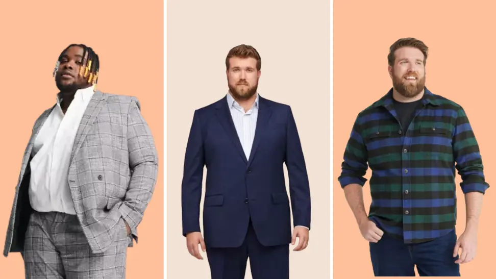 Models in a gray suit jacket, black suit jacket, and green plaid against alternating orange and tan backgrounds
