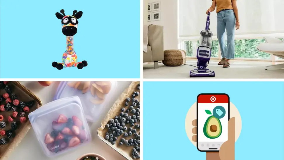 A collage of items and a Target Circle graphic in front of different backgrounds.