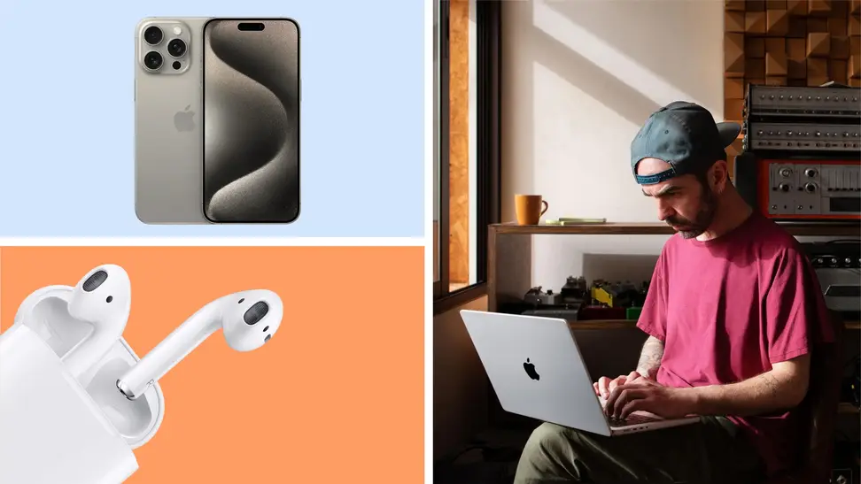 A collage of Apple products in front of various backgrounds