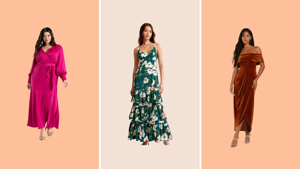 A collage of three women wearing wedding attires in front of a background.