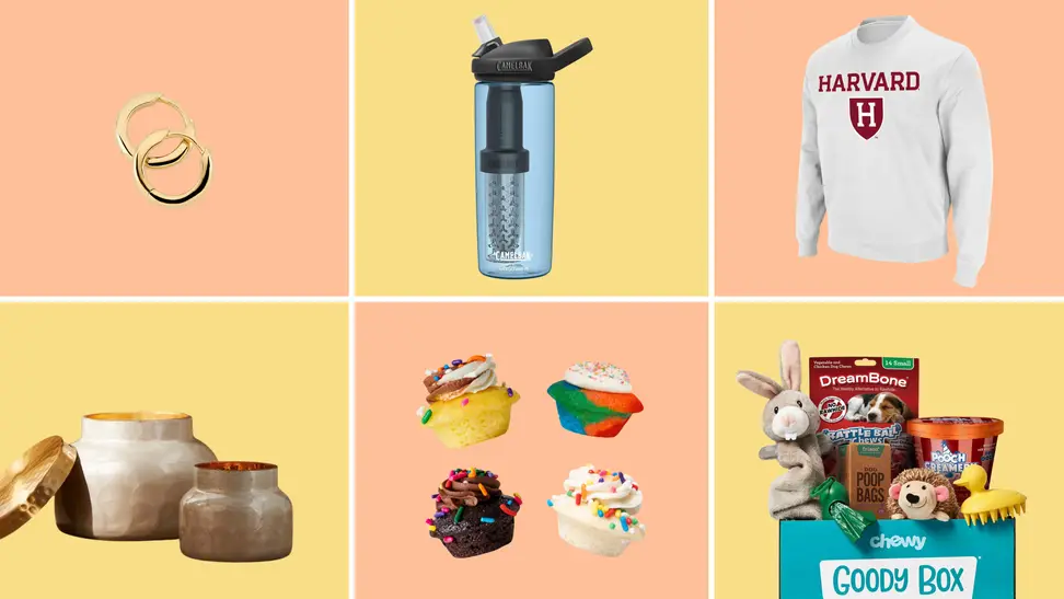 A selection of our best gifts under $50, including earrings from mejuri, camelbak water bottle, harvard sweatshirt, capri blue candle, baked by melissa cupcakes, and chewy