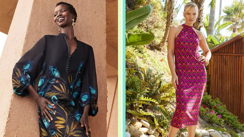 Two models in outdoor settings wearing Trina Turk dresses.