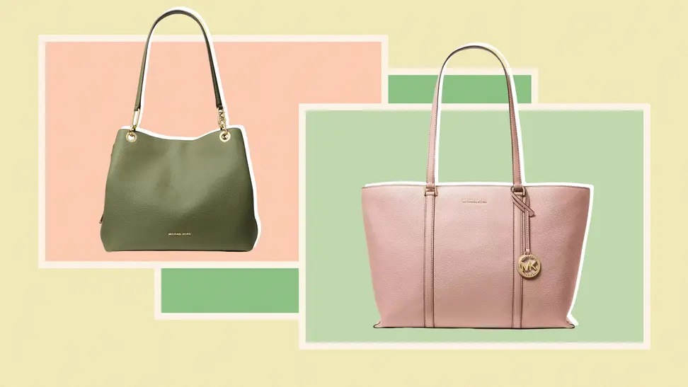 A photo collage of a green Large Leather Tote and a pink Large Leather Tote.