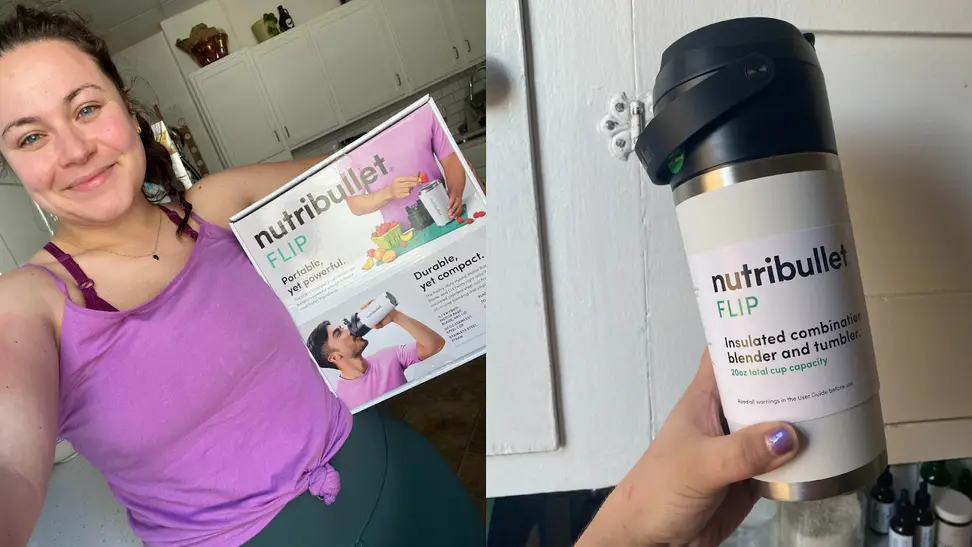 A photo collage of a person smiling while holding the NutriBullet Flip box and holding the NutriBullet Flip in their hand.