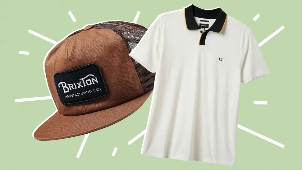 A white polo shirt and a trucker hat from Brixton.