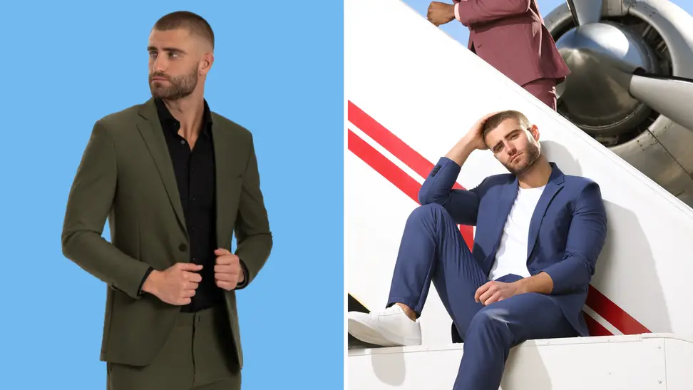 A man wearing an olive green suit with a black shirt, also a photo of a model sitting outside of a plane wearing a blue suit.
