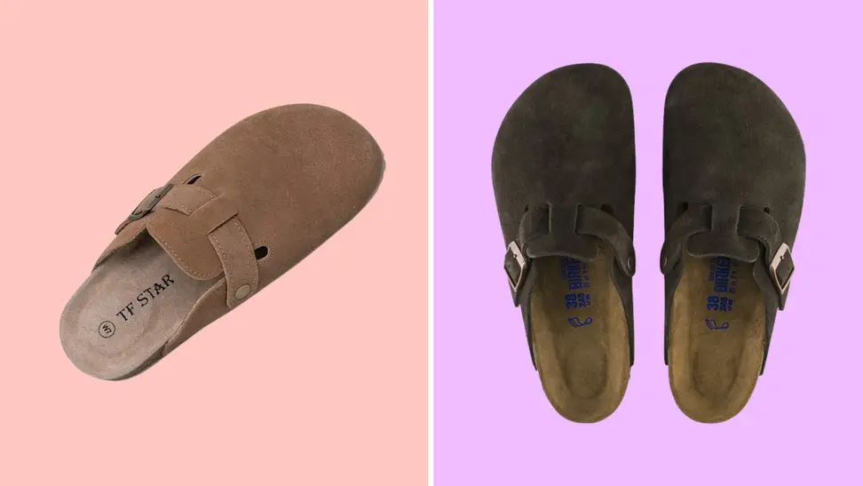 Two clogs against a pink background.