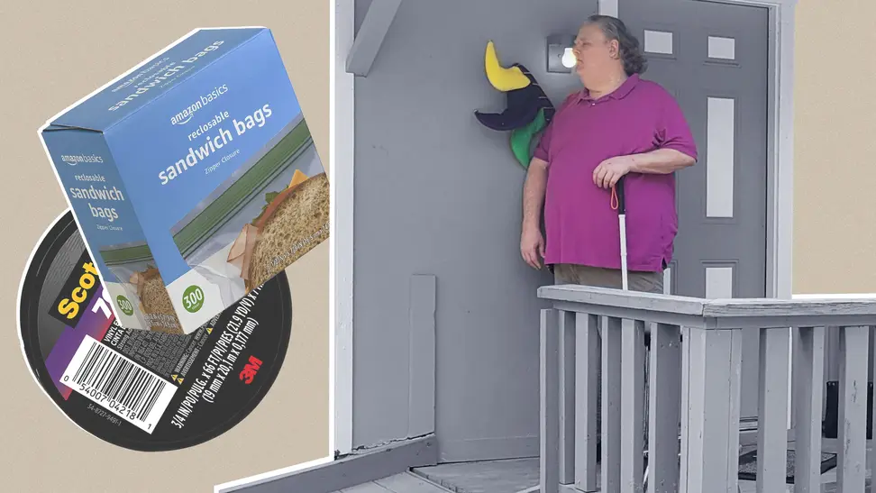 On left, Scotch tape and a box of Amazon Basics sandwich bags. On right: A man with a white cane using a jester hat to point out a stair threshold