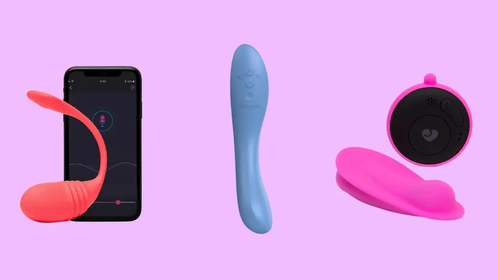 Three music sex toys (the Lovehoney Juno Rechargeable Music-Activated Panty Vibrator, the Lovers Svakom Ava Neo App Controlled Thrusting G-Spot Vibrator and the Lovehoney Juno Rechargeable Music-Activated Vibrating Butt Plug) in front of a pink background.
