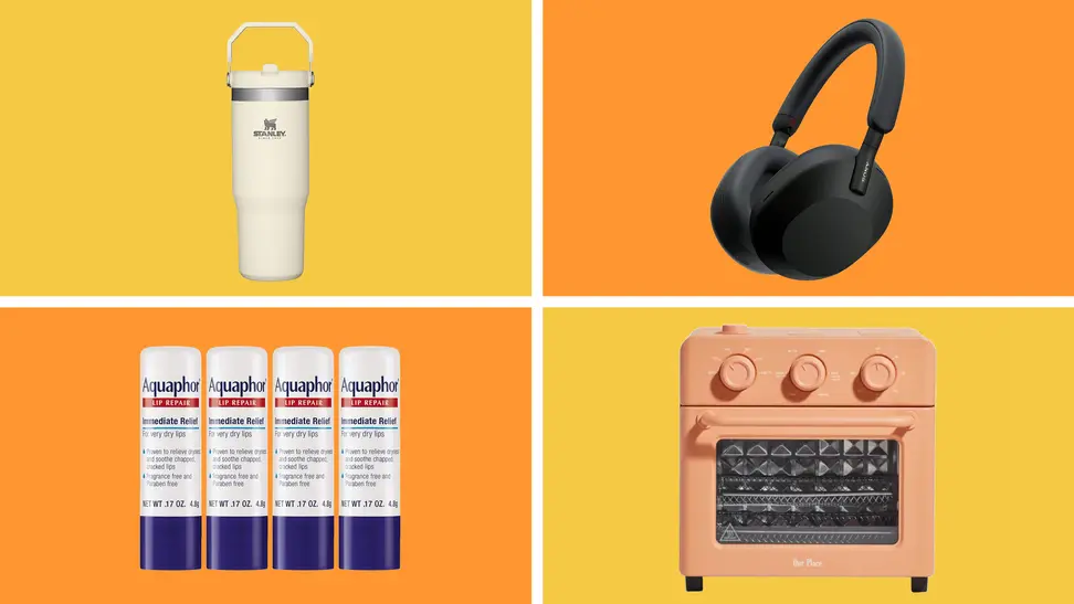 Stanley thermos, Our Place oven, Aquaphor lip balm, and Sony headphones on green background