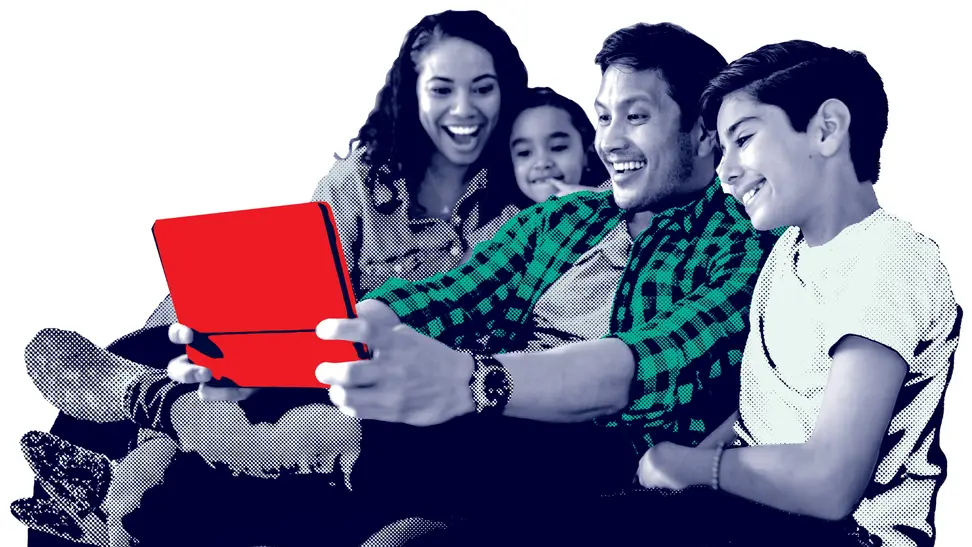 A cheerful family gathered on a couch, smiling and watching a tablet together, enjoying entertainment in a modern, stylized digital illustration.