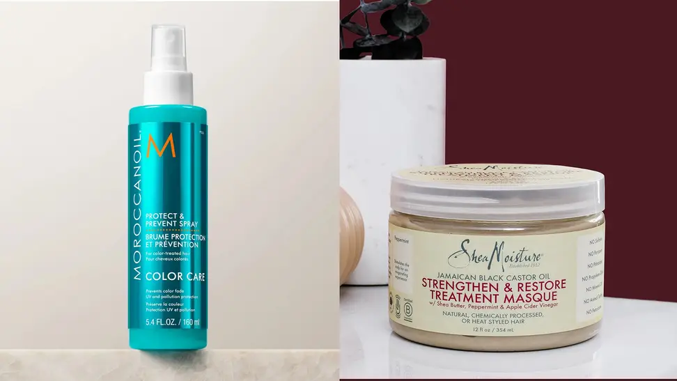 On the left: The light blue spray bottle from Moroccanoil on a ledge. On the right: A jar of SheaMoisture Treatment Masque with a potted plant and tiny vase behind it with a burgundy background.
