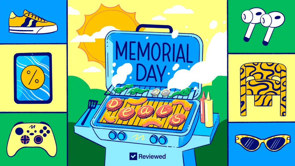 This graphic illustration has blues, greens, and yellows, depicting a grill with burgers on it branded with the word deals