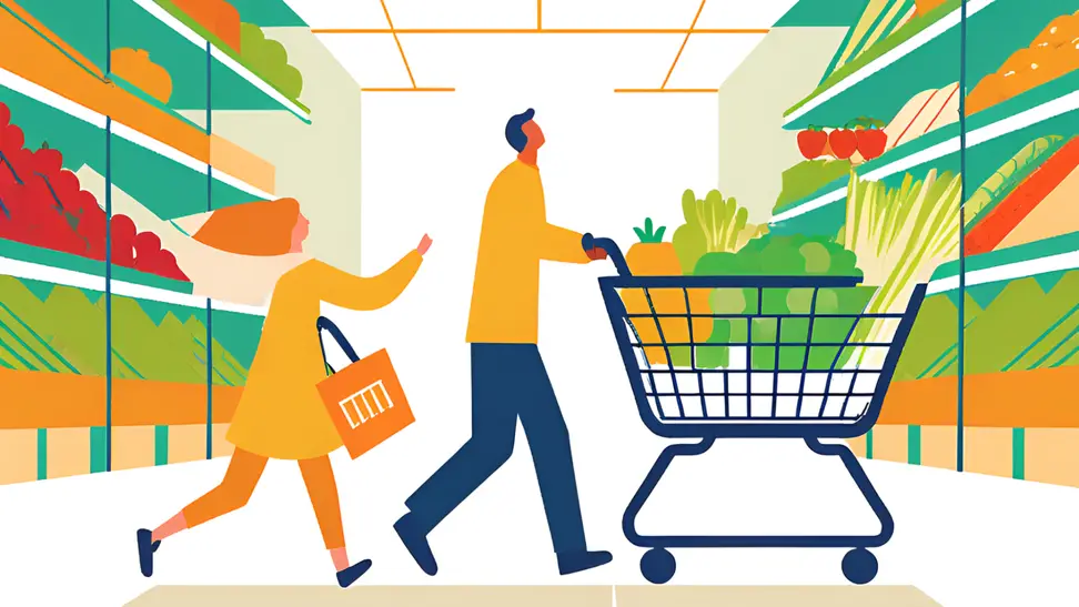 Shoppers pushing grocery cart through wholesale club aisle with food.