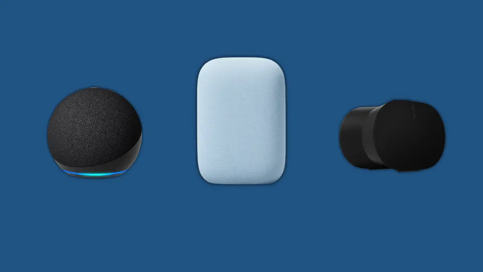 Amazon Echo, Google Audio, and Sonos smart speakers sit next to each other on a blue background