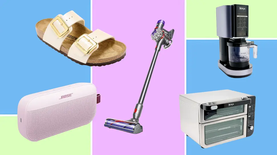 A collage of popular products including Birkenstock sandals, a Dyson vacuum, a Ninja coffee maker, a Ninja toaster oven, and a pink Bose speaker on colorful backgrounds.