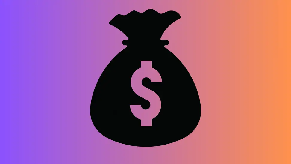 A large black money bag graphic on a orange and purple background