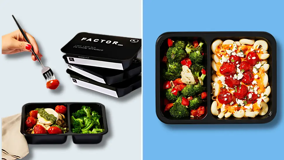 Image of Factor meals in black ready-to-heat containers, featuring broccoli, pasta, and cherry tomatoes.