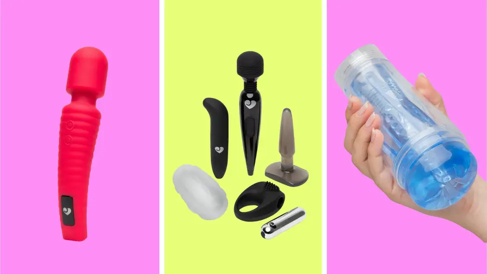 A red wand, sex toy kit, and blue fleshlight in front of pink and yellow background.