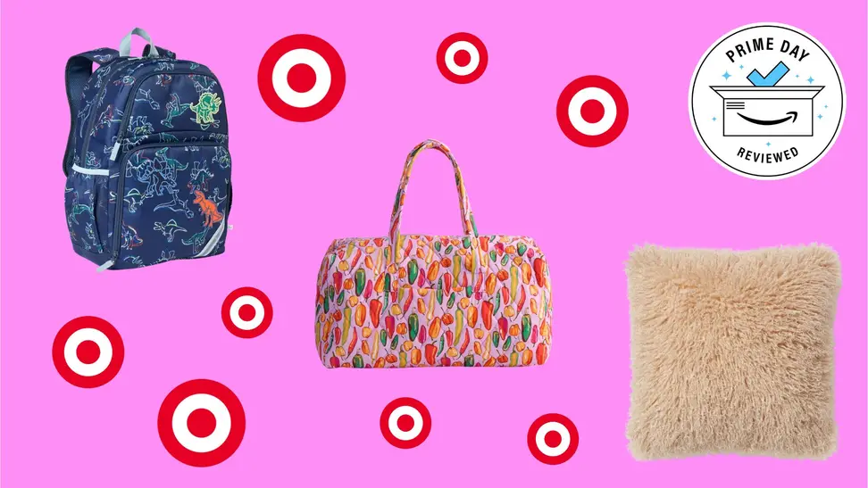 Bags and a pillow with Target logos in front of a pink background