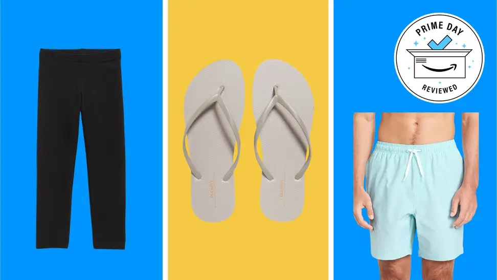 Old Navy clothes in front of blue and yellow background